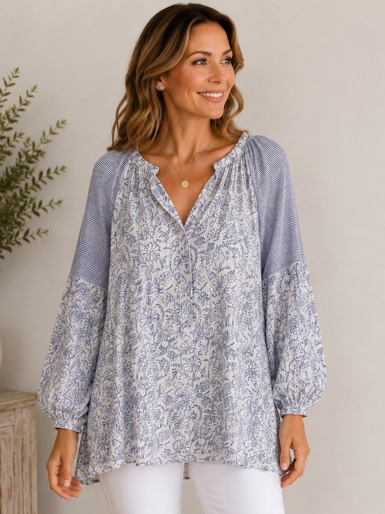 Lucky Brand Tops - Lucky Brand Boho Peasant Blouse Coastal Blue Floral Stripe Mixed Print | Medium